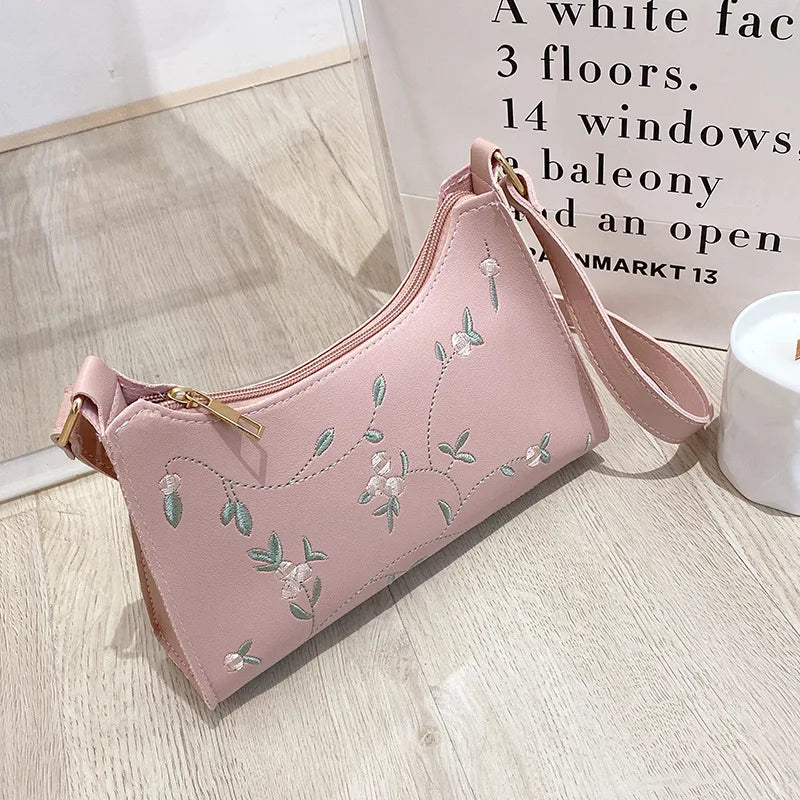 Summer Lace Floral Stitching Shoulder Bag for Women Soft PU Leather Underarm Bags Beach Travel Handbag Girls Small Tote Bag