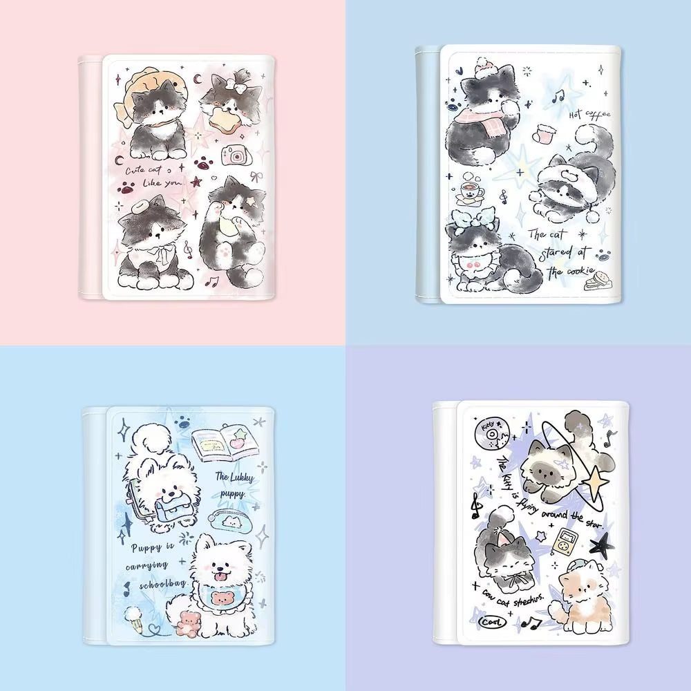 PU Leather Money Coin Purse Mini INS Style 3 Folds Credit Card Holoder Cute Kitten Dog Card Wallets for Girls Students Gift