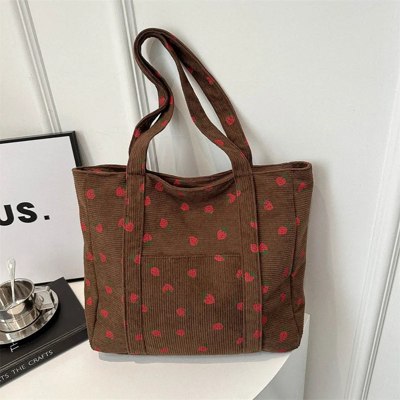 Corduroy Handbag Strawberries Beach Bag Fashionable Versatile Shoulder Bag Largecapacity Simple Commuter Women'S Tote Bag Bolsos