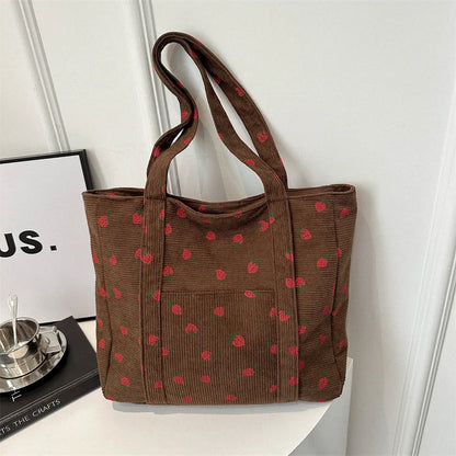 Corduroy Handbag Strawberries Beach Bag Fashionable Versatile Shoulder Bag Largecapacity Simple Commuter Women'S Tote Bag Bolsos