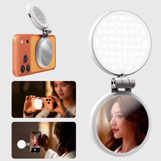 3 in 1 Magnetic Selfie Ring Light with Mirror LED Foldable Fill Light 360° Adjustable for Iphone 17 16 Mobile Phone Photography