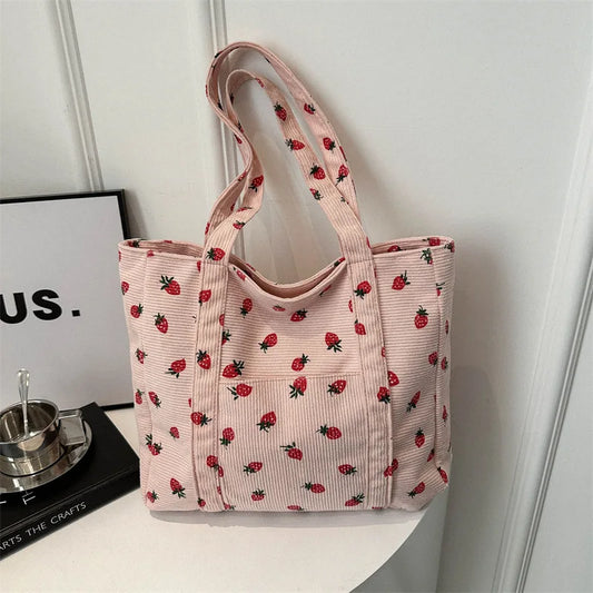 Corduroy Handbag Strawberries Beach Bag Fashionable Versatile Shoulder Bag Largecapacity Simple Commuter Women'S Tote Bag Bolsos