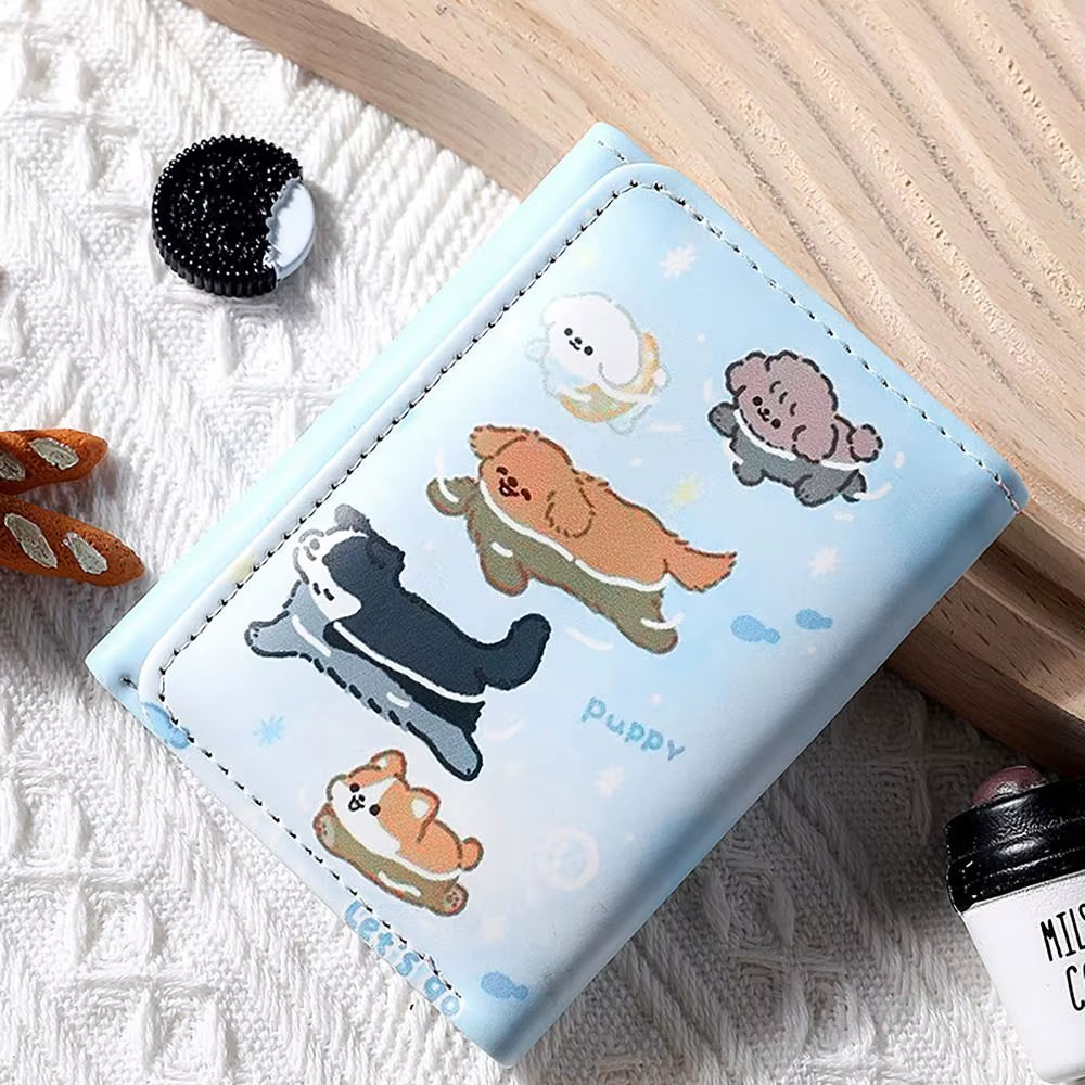 PU Leather Money Coin Purse Mini INS Style 3 Folds Credit Card Holoder Cute Kitten Dog Card Wallets for Girls Students Gift