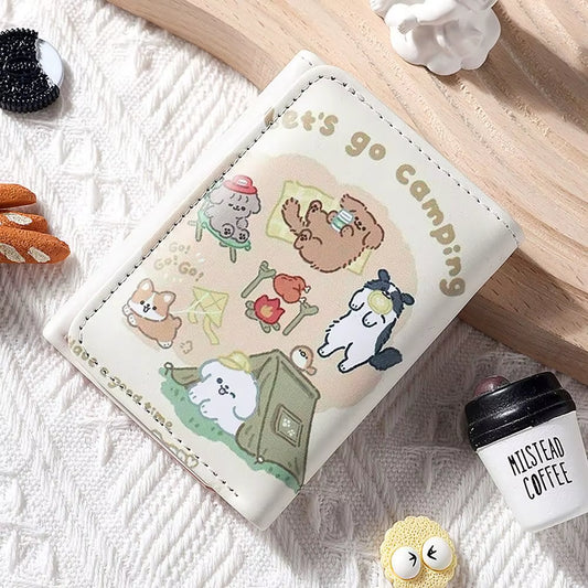 PU Leather Money Coin Purse Mini INS Style 3 Folds Credit Card Holoder Cute Kitten Dog Card Wallets for Girls Students Gift