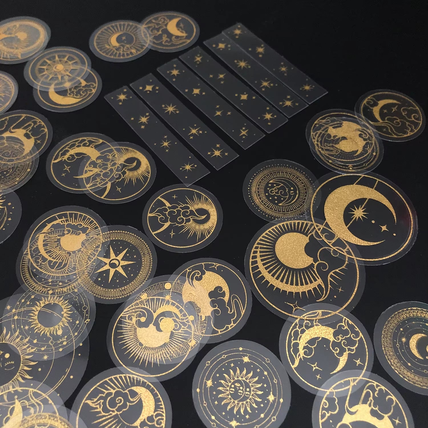 70 Pcs Glitter Gold PET Adhesive Stickers Waterproof Transparent Label: SUN MOON Stars Etc