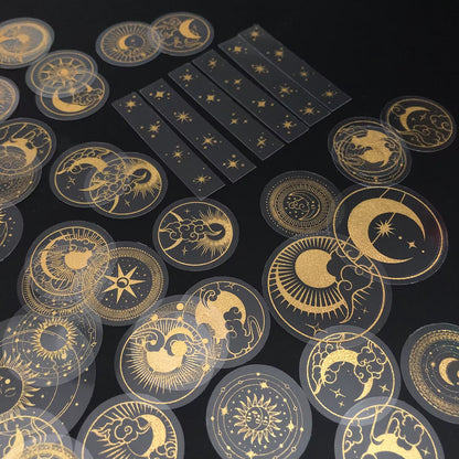 70 Pcs Glitter Gold PET Adhesive Stickers Waterproof Transparent Label: SUN MOON Stars Etc