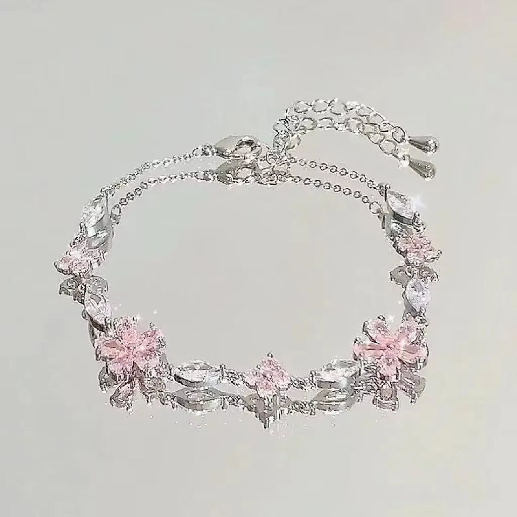 Shiny Pink Crystal Cherry Blossom Bracelets for Women Girls Sweet Moon Bow Flowers Zircon Bracelet Party Aesthetic Jewelry
