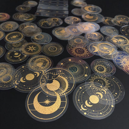 70 Pcs Glitter Gold PET Adhesive Stickers Waterproof Transparent Label: SUN MOON Stars Etc