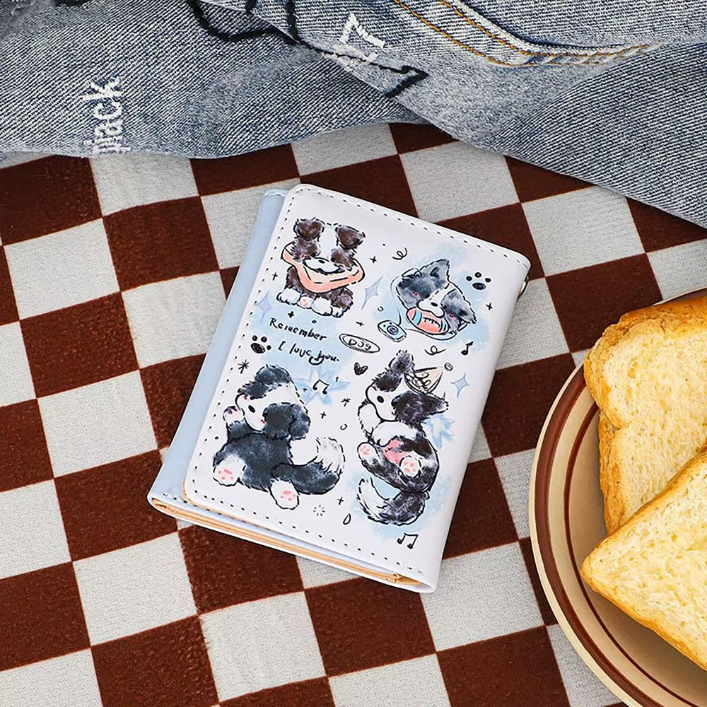 PU Leather Money Coin Purse Mini INS Style 3 Folds Credit Card Holoder Cute Kitten Dog Card Wallets for Girls Students Gift