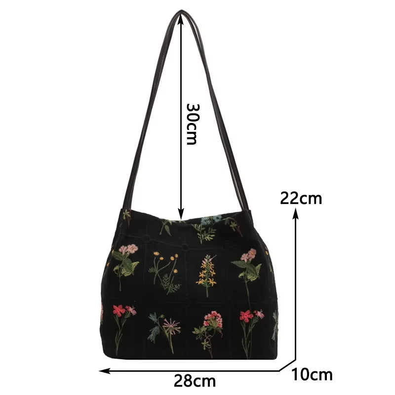 Large-Capacity Embroidered Tote Bag Women Summer Trendy Cloth Bag Niche Embroidery Shoulder Bag Texture Bucket Bags Canvas Bags