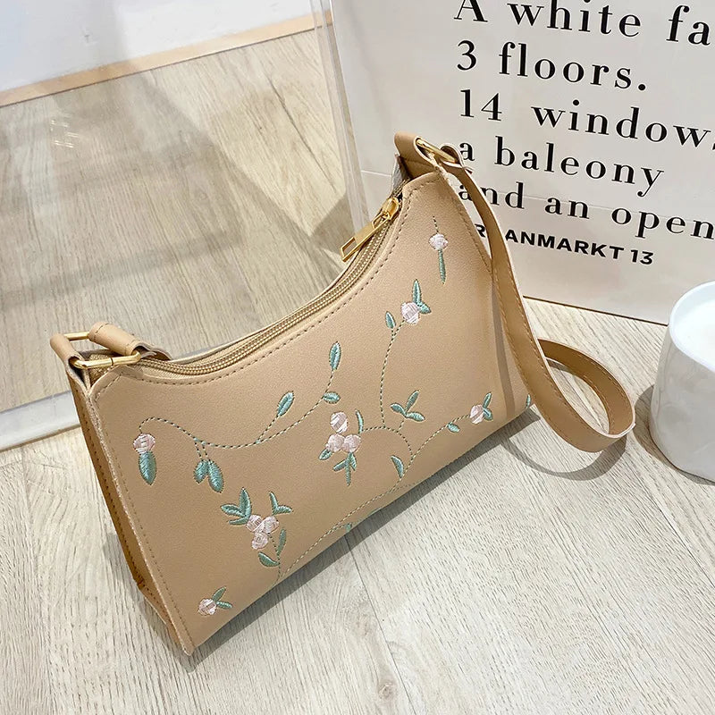 Summer Lace Floral Stitching Shoulder Bag for Women Soft PU Leather Underarm Bags Beach Travel Handbag Girls Small Tote Bag