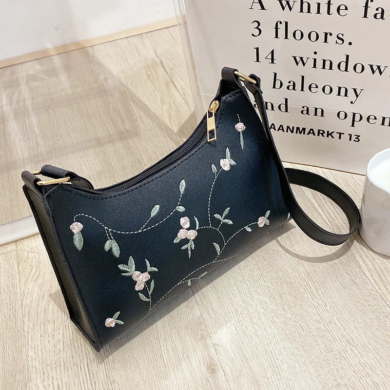 Summer Lace Floral Stitching Shoulder Bag for Women Soft PU Leather Underarm Bags Beach Travel Handbag Girls Small Tote Bag