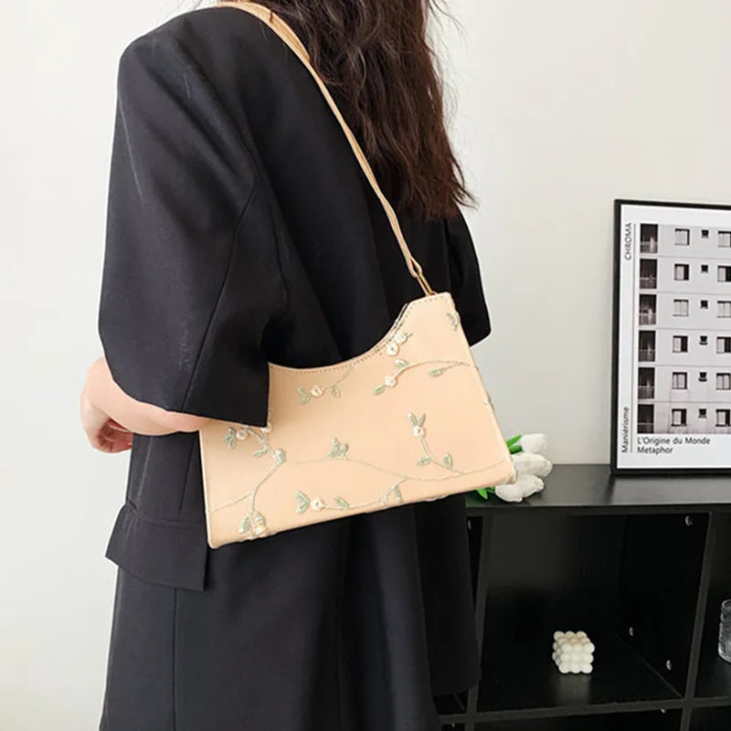 Summer Lace Floral Stitching Shoulder Bag for Women Soft PU Leather Underarm Bags Beach Travel Handbag Girls Small Tote Bag