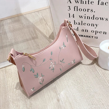 Summer Lace Floral Stitching Shoulder Bag for Women Soft PU Leather Underarm Bags Beach Travel Handbag Girls Small Tote Bag