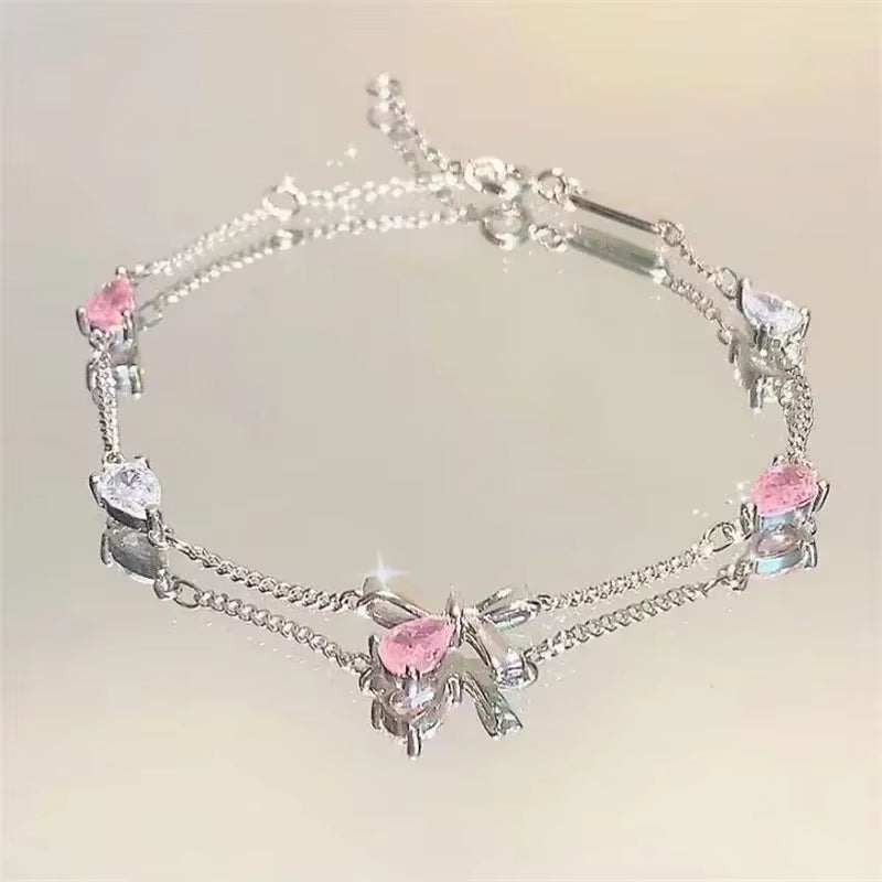 Shiny Pink Crystal Cherry Blossom Bracelets for Women Girls Sweet Moon Bow Flowers Zircon Bracelet Party Aesthetic Jewelry