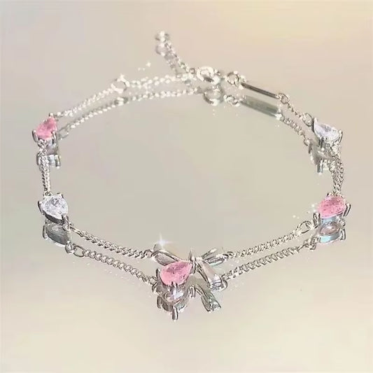 Shiny Pink Crystal Cherry Blossom Bracelets for Women Girls Sweet Moon Bow Flowers Zircon Bracelet Party Aesthetic Jewelry
