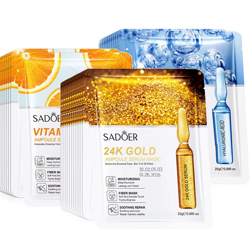 10Pcs  24K Gold Vitamin C Hyaluronic Acid Face Mask Facial Moisturizing Firming Hydrating Facial Masks Skin Care Products