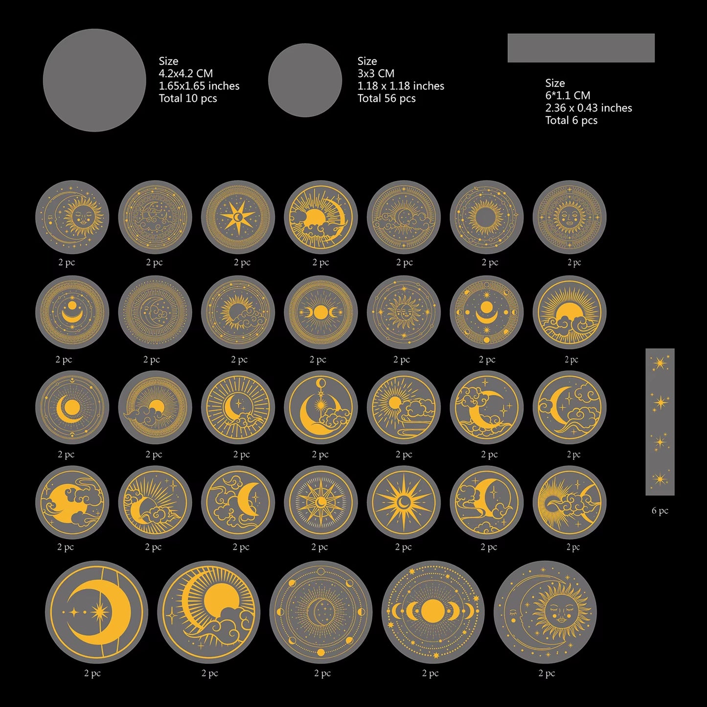 70 Pcs Glitter Gold PET Adhesive Stickers Waterproof Transparent Label: SUN MOON Stars Etc