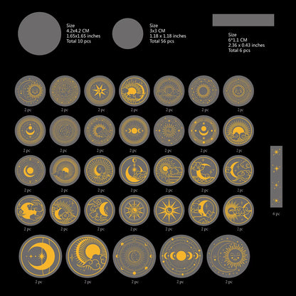 70 Pcs Glitter Gold PET Adhesive Stickers Waterproof Transparent Label: SUN MOON Stars Etc