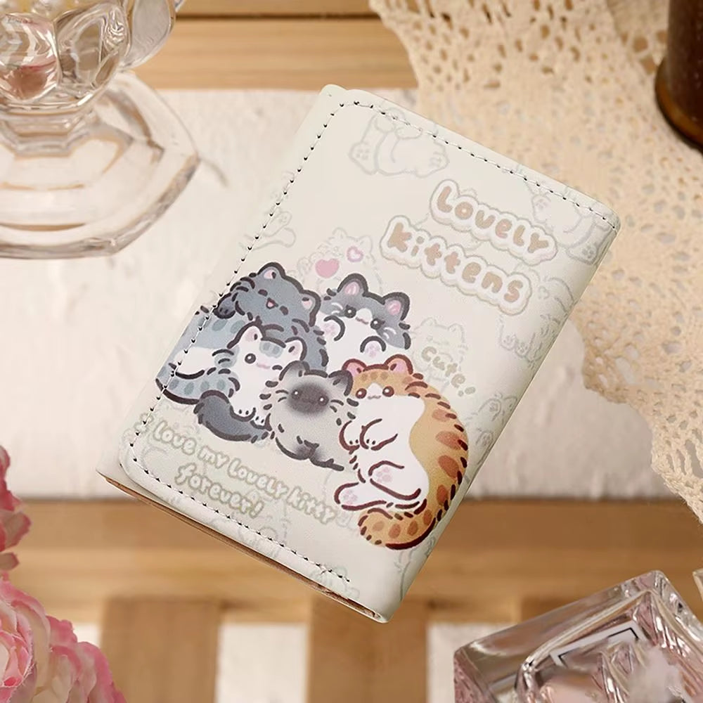 PU Leather Money Coin Purse Mini INS Style 3 Folds Credit Card Holoder Cute Kitten Dog Card Wallets for Girls Students Gift