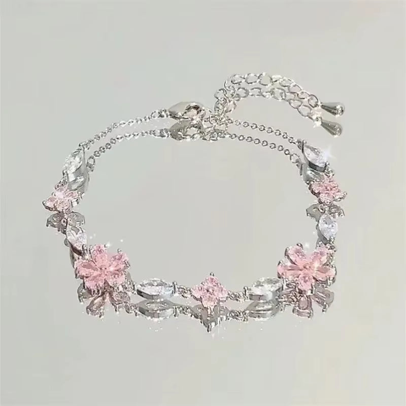 Shiny Pink Crystal Cherry Blossom Bracelets for Women Girls Sweet Moon Bow Flowers Zircon Bracelet Party Aesthetic Jewelry