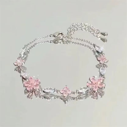 Shiny Pink Crystal Cherry Blossom Bracelets for Women Girls Sweet Moon Bow Flowers Zircon Bracelet Party Aesthetic Jewelry