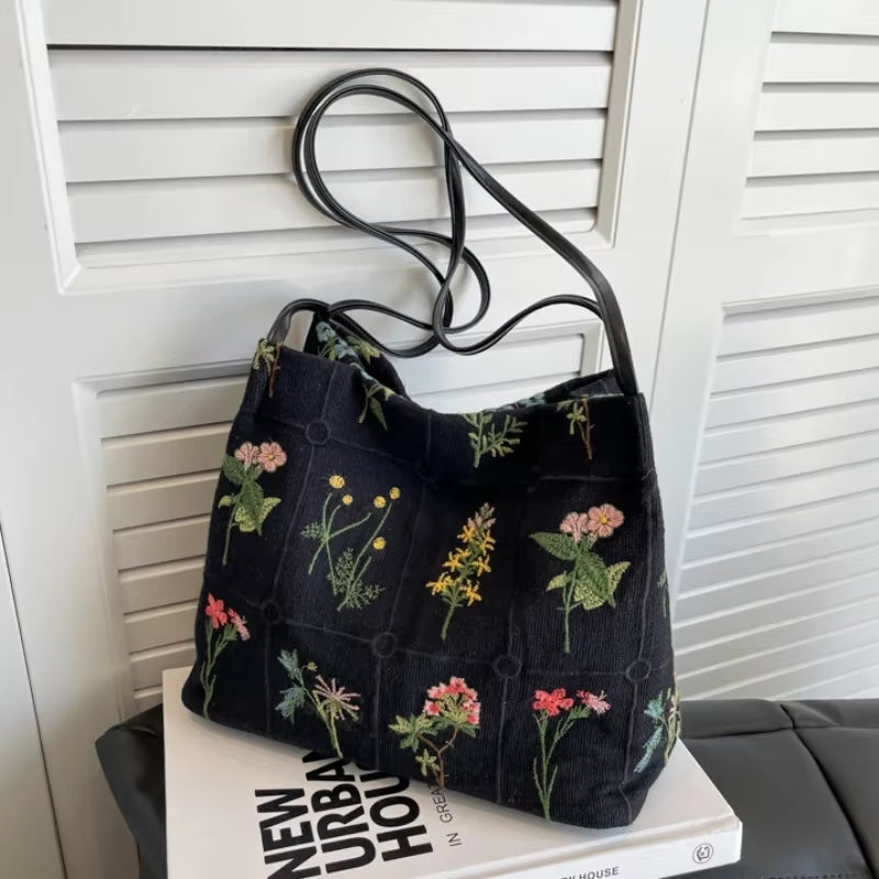 Large-Capacity Embroidered Tote Bag Women Summer Trendy Cloth Bag Niche Embroidery Shoulder Bag Texture Bucket Bags Canvas Bags