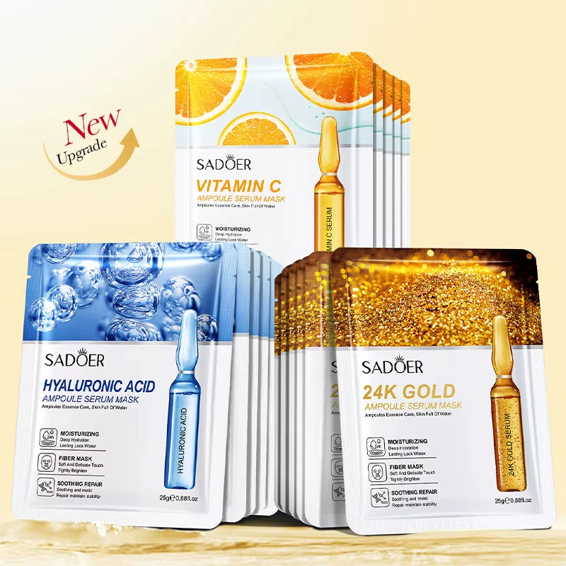 10Pcs  24K Gold Vitamin C Hyaluronic Acid Face Mask Facial Moisturizing Firming Hydrating Facial Masks Skin Care Products
