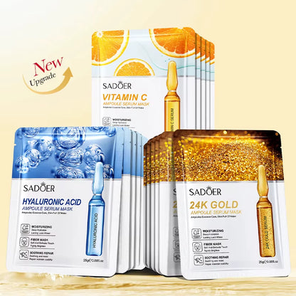 10Pcs  24K Gold Vitamin C Hyaluronic Acid Face Mask Facial Moisturizing Firming Hydrating Facial Masks Skin Care Products