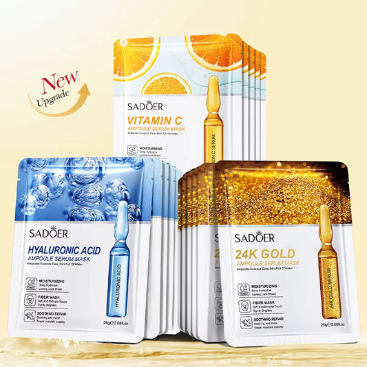 10Pcs  24K Gold Vitamin C Hyaluronic Acid Face Mask Facial Moisturizing Firming Hydrating Facial Masks Skin Care Products