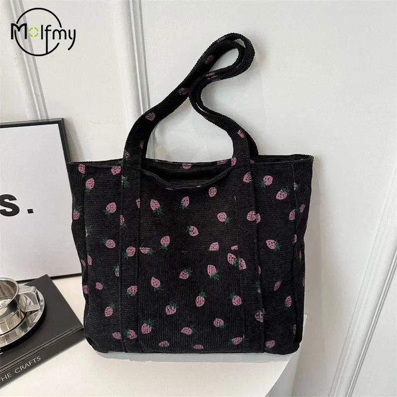 Corduroy Handbag Strawberries Beach Bag Fashionable Versatile Shoulder Bag Largecapacity Simple Commuter Women'S Tote Bag Bolsos