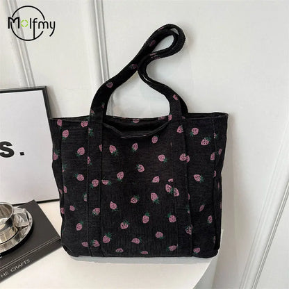 Corduroy Handbag Strawberries Beach Bag Fashionable Versatile Shoulder Bag Largecapacity Simple Commuter Women'S Tote Bag Bolsos