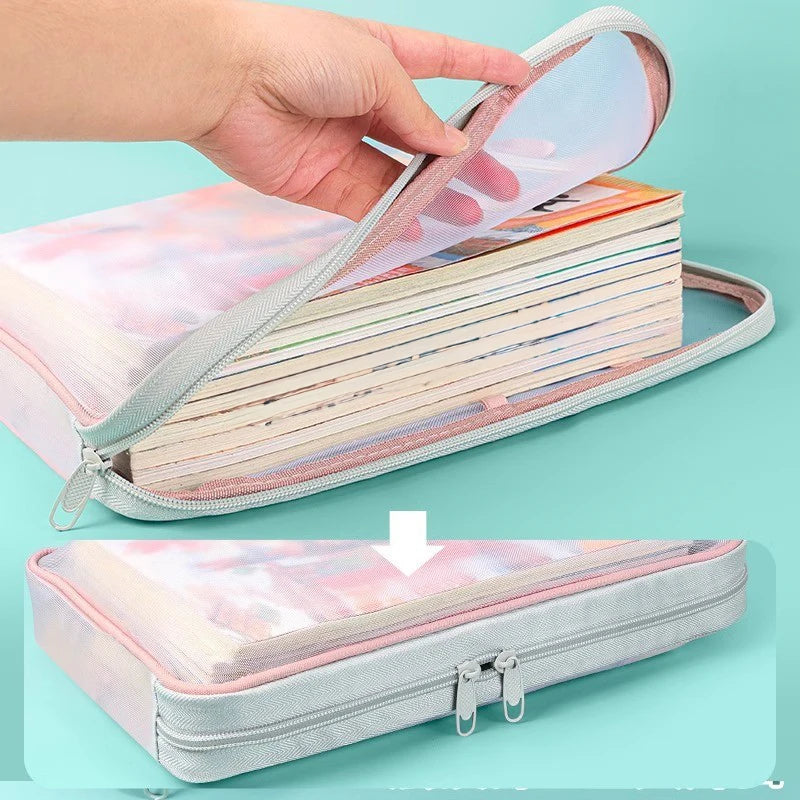 A4 Stationery Storage Bag Double-Layer Mesh Zipper Bag Large Capacity Organizer Folders School Office Supplies Stationary Bag