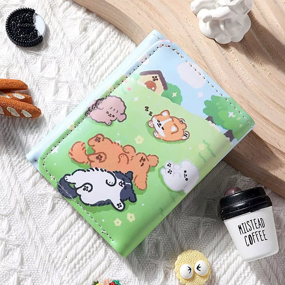 PU Leather Money Coin Purse Mini INS Style 3 Folds Credit Card Holoder Cute Kitten Dog Card Wallets for Girls Students Gift