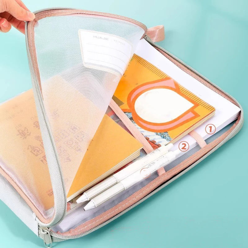 A4 Stationery Storage Bag Double-Layer Mesh Zipper Bag Large Capacity Organizer Folders School Office Supplies Stationary Bag